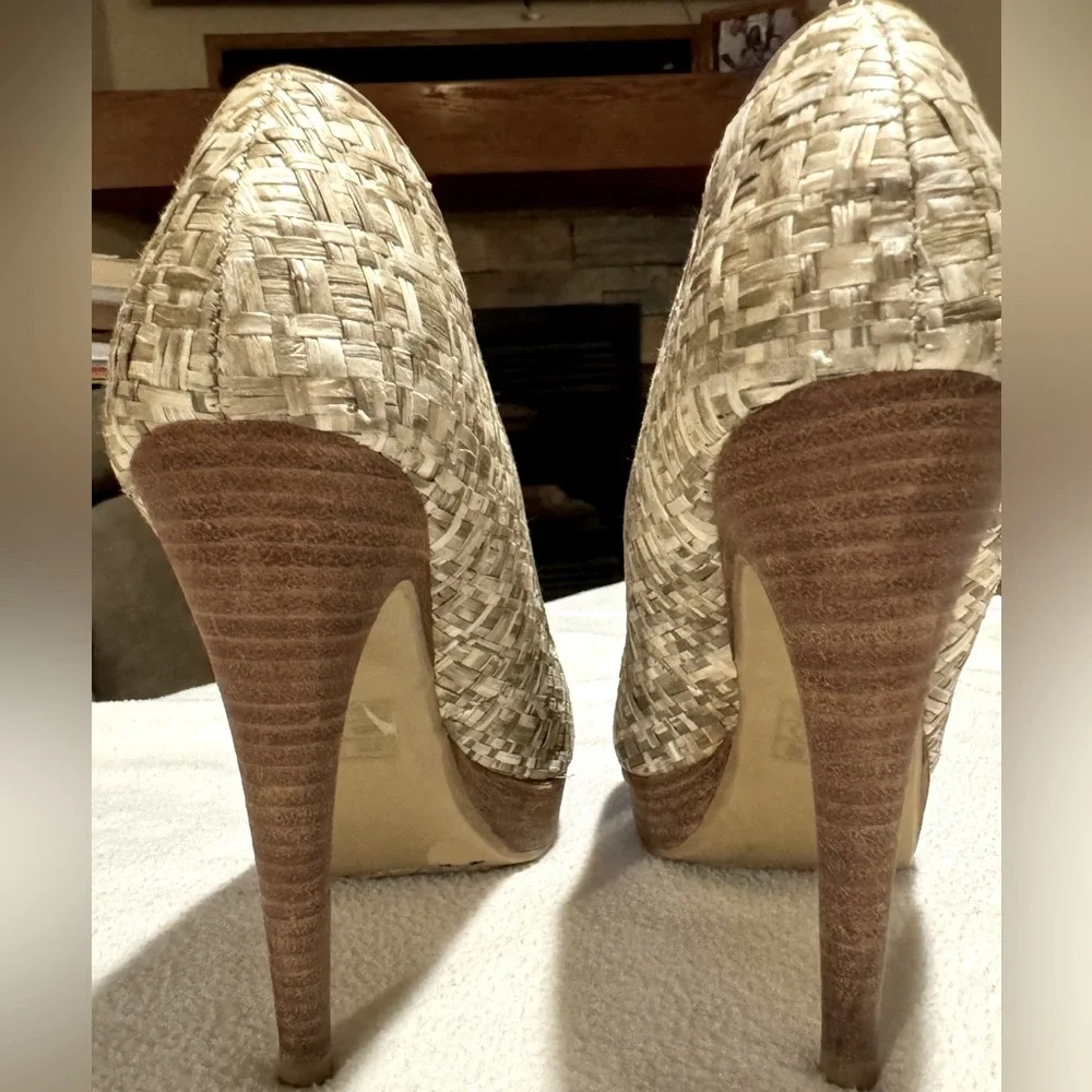 (6) Multi-Gradient Levity Raffia Woven Peep Toe Stiletto ~4.75” Heel
